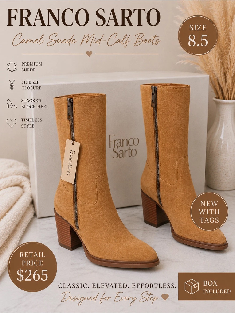 Franco Sarto Camel Suede Mid-Calf Block Heeled Boots Zip